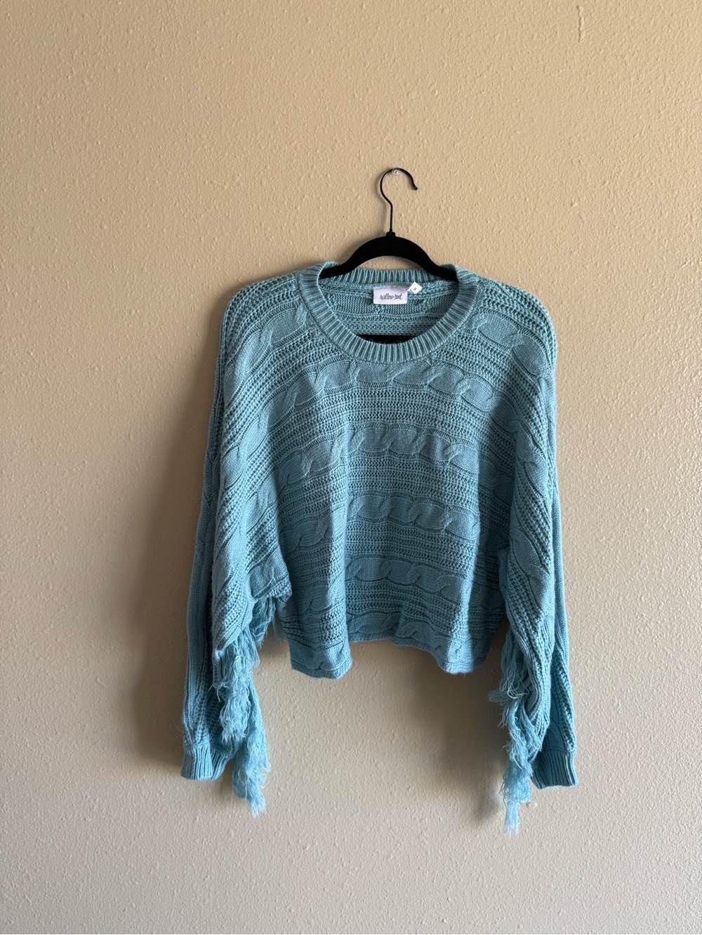 Willow Root Blue Cable Knit Sweater with Fringe Sleeves
